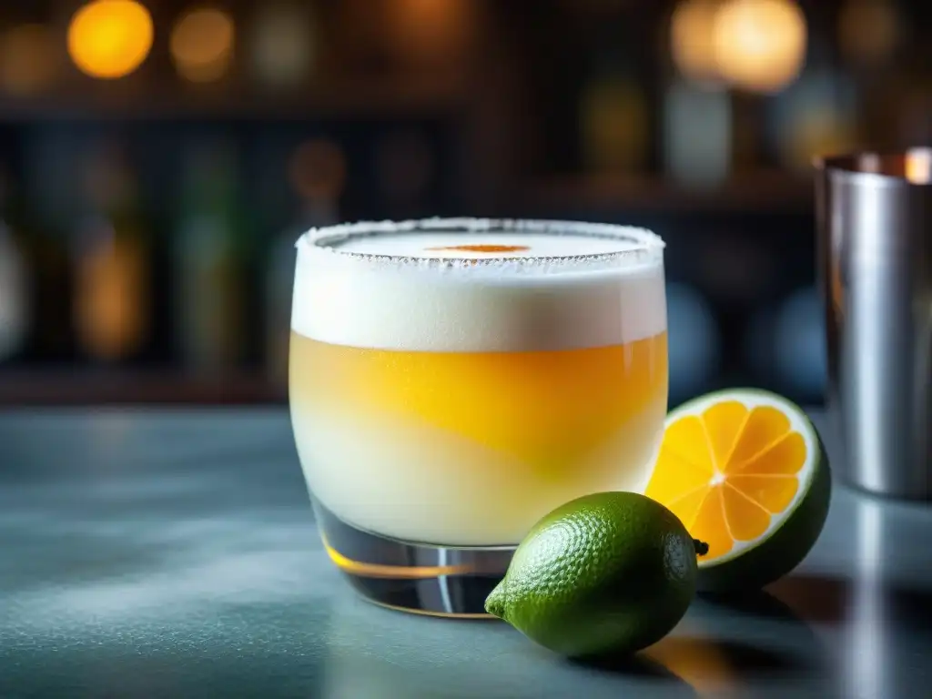 Un Pisco Sour: gastronomía peruana fotográfica en un bar ambientado, destaca la espuma de clara de huevo, el Pisco amarillo y el toque de bíter