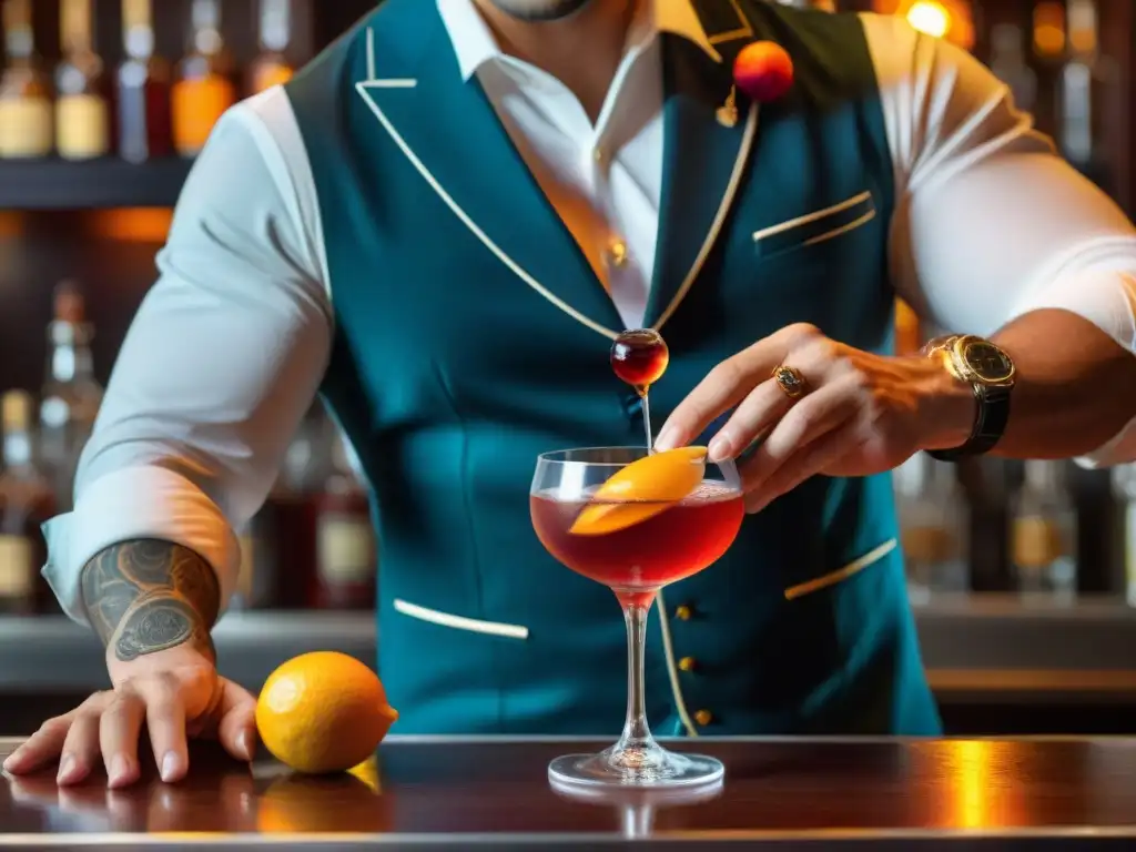 Un Pisco Negroni exquisitamente preparado en un elegante bar, destacando los vibrantes colores