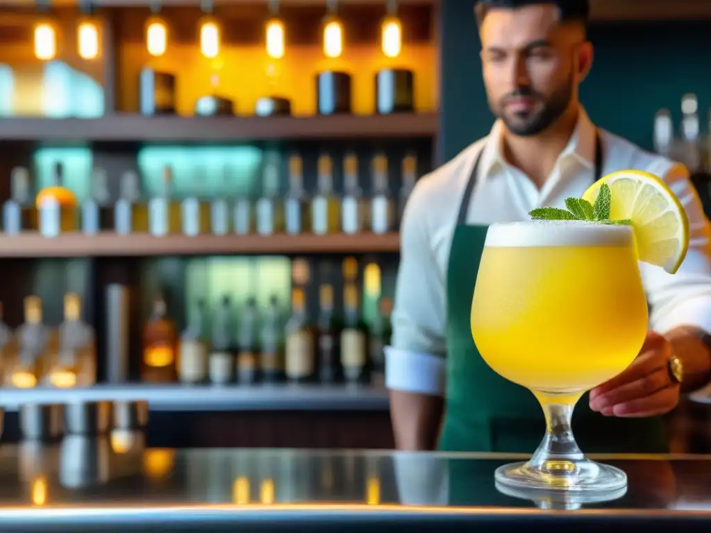 Un pisco sour amarillo vibrante con limón y menta en un vaso de cristal, en un bar acogedor