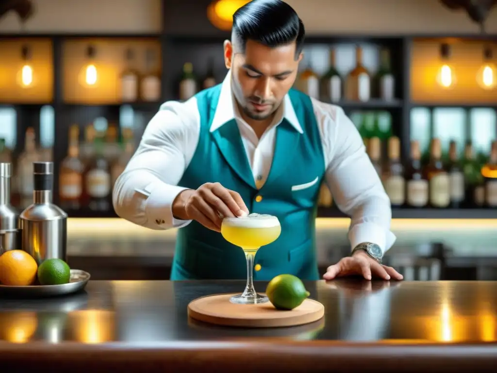 Un bartender en Perú preparando un Pisco Sour con precisión y arte