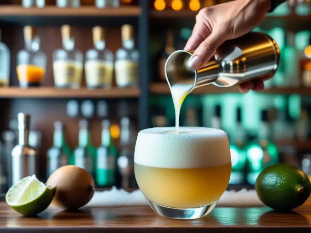 Bartender preparando un pisco sour con elegancia en un bar rústico