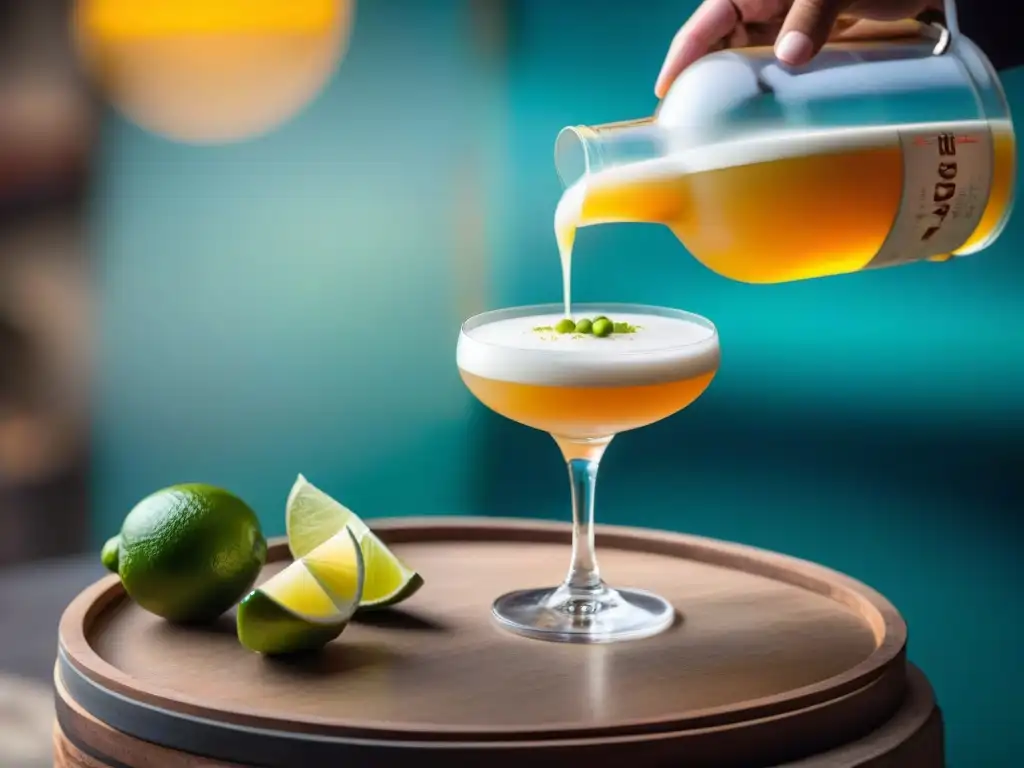 Un Pisco Sour peruano adornado con precisión, en una destilería vibrante