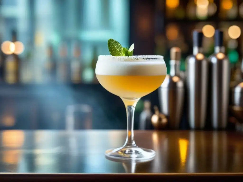 Un Pisco Sour peruano artesanal con garnituras meticulosas, en un elegante entorno de coctelería avanzada con Pisco Peruano