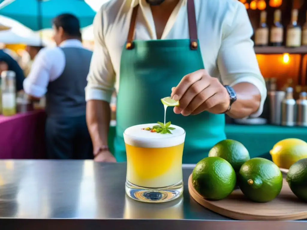 Un Pisco sour peruano decorado con lima y bíteres en un mercado vibrante