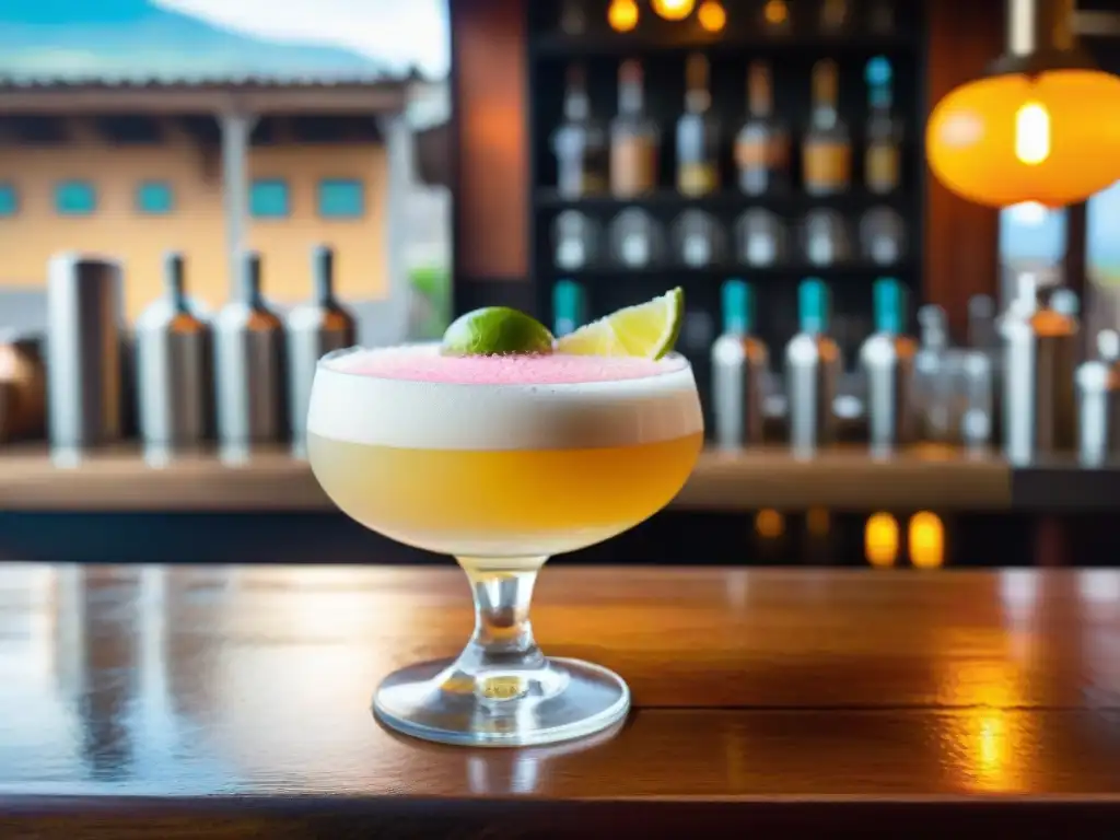 Un pisco sour peruano es adornado con lima y sal rosada en una destilería en Perú