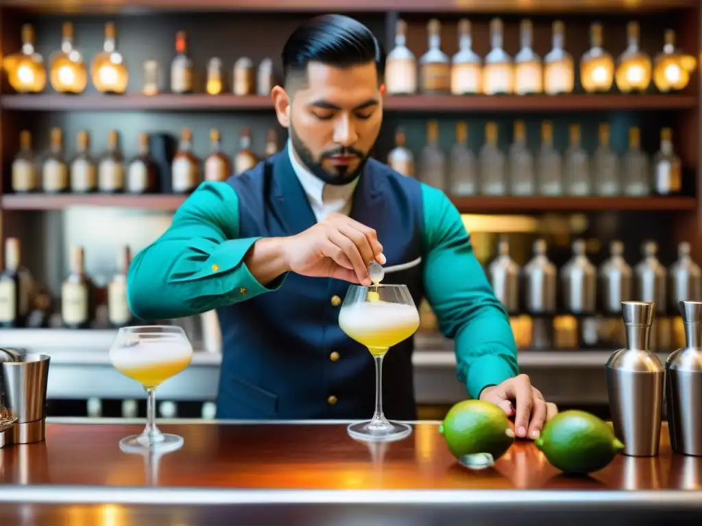 Un Pisco Sour peruano tradicional siendo preparado con precisión por un bartender experto