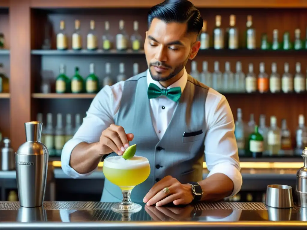 Preparar Pisco Sour con técnica moderna: un bartender experto agita con precisión los ingredientes en un elegante bar