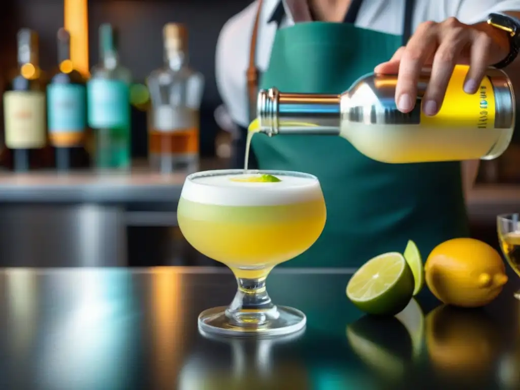 Preparar Pisco Sour con técnica moderna: Un experto prepara cuidadosamente un vibrante cóctel amarillo en un elegante bar