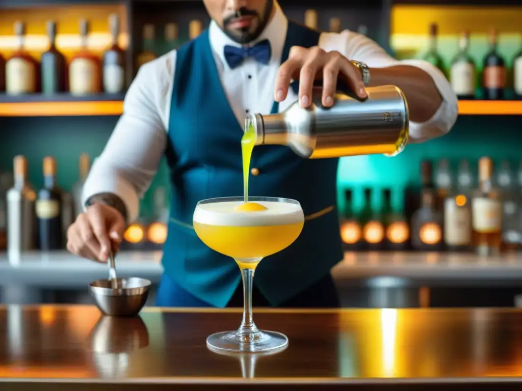 Preparar Pisco Sour con técnica moderna en bar sofisticado, vertiendo cóctel amarillo vibrante en vaso helado