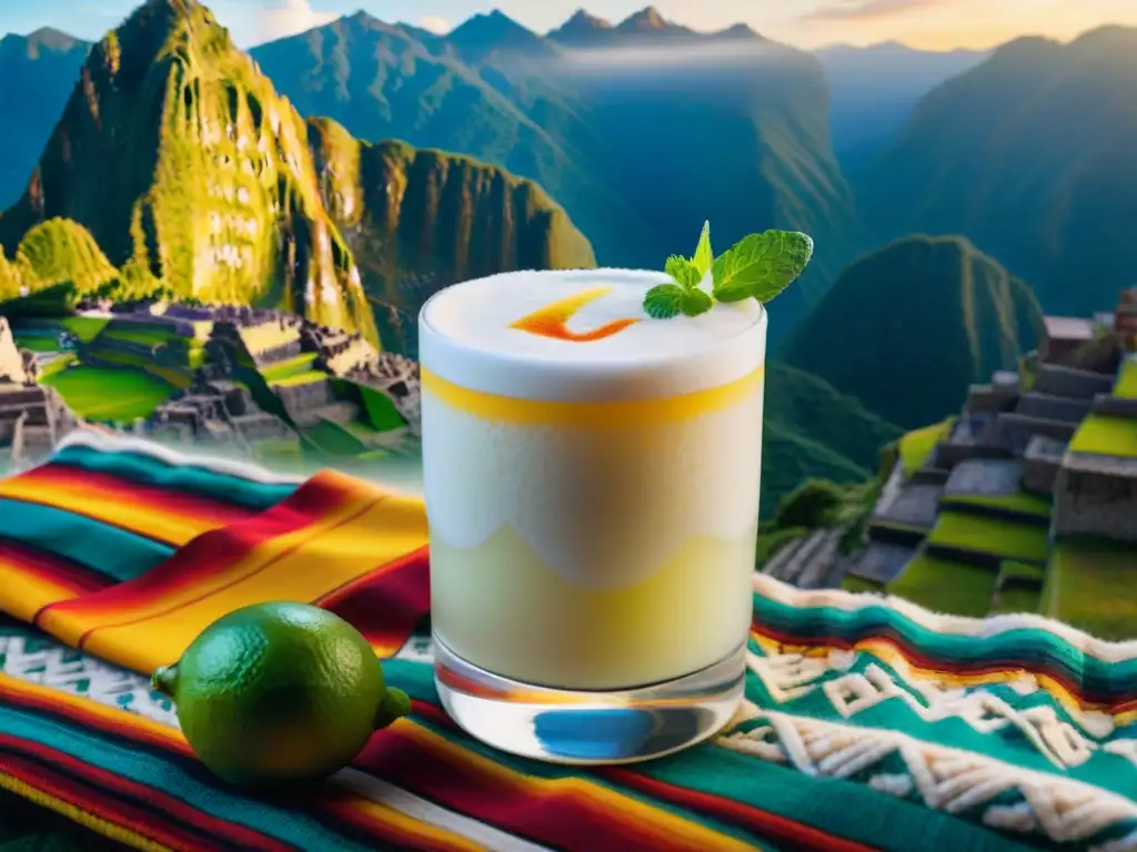 Un Pisco Sour sobre textil peruano tradicional con Machu Picchu al amanecer