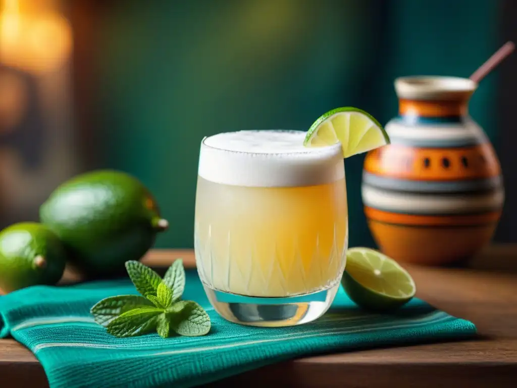 Fotografía de un Pisco Sour en vaso tradicional peruano, con lima y menta, sobre telas y cerámica autóctonas