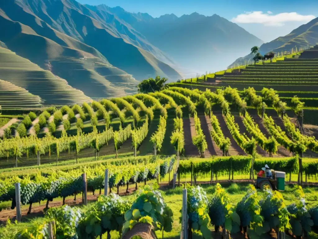 Producción de pisco en Perú: Trabajadores cuidando viñedos verdes bajo un cielo azul en el campo peruano