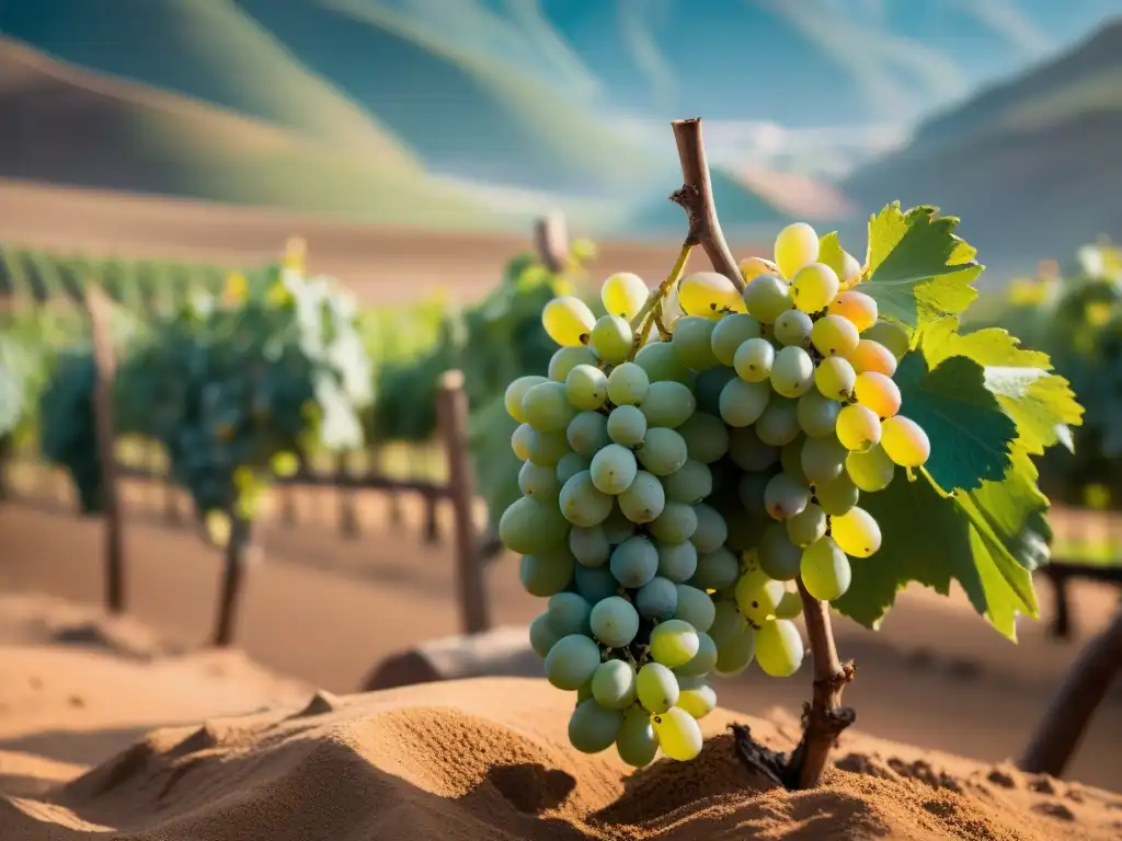 Producción de pisco en Perú: Viñedos verdes con uvas maduras brillantes bajo el sol del desierto peruano