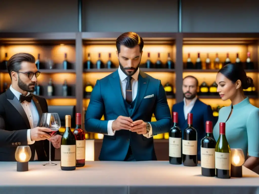 Degustación de Piscos y Vinos: Expertos apreciando matices en elegante mesa con copas, fondo de estanterías llenas de botellas