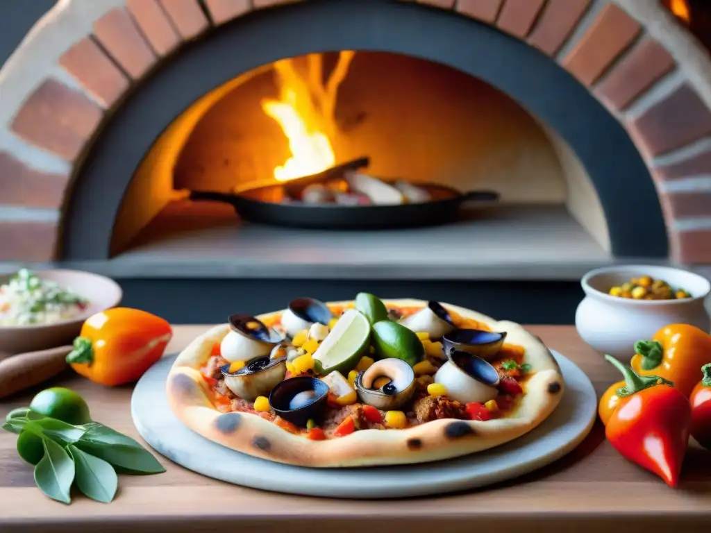 Una pizza peruana innovadora con ingredientes únicos, preparada con maestría en una cocina rústica