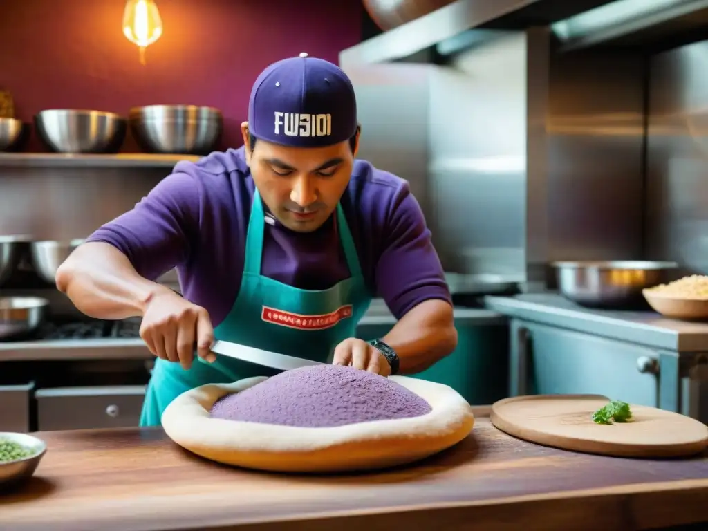 Un pizzaiolo peruano innovador dando forma a una masa de maíz morado para una pizza única, mezclando historia y sabor