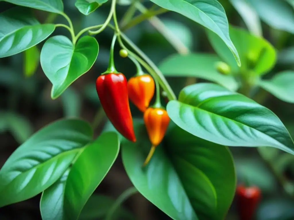 Planta de Ají Panca en floración, destacando sus característicos pimientos rojos y hojas verdes