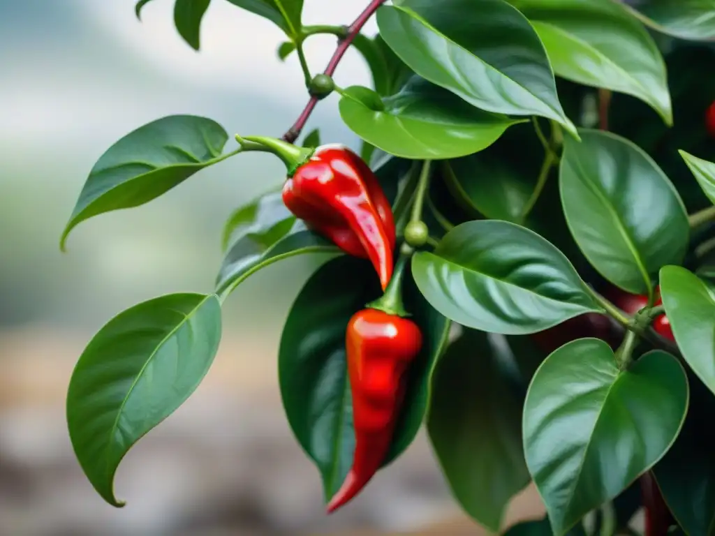 Una planta de Ají Mirasol en Perú, con sus hojas verdes brillantes y ajíes rojos, bajo el cálido sol