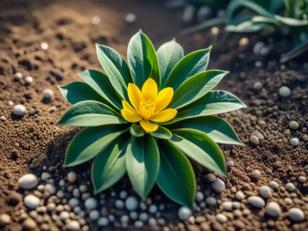 Planta de yacón vibrante en suelo fértil, con hojas verdes, raíces intrincadas y flores blancas y amarillas