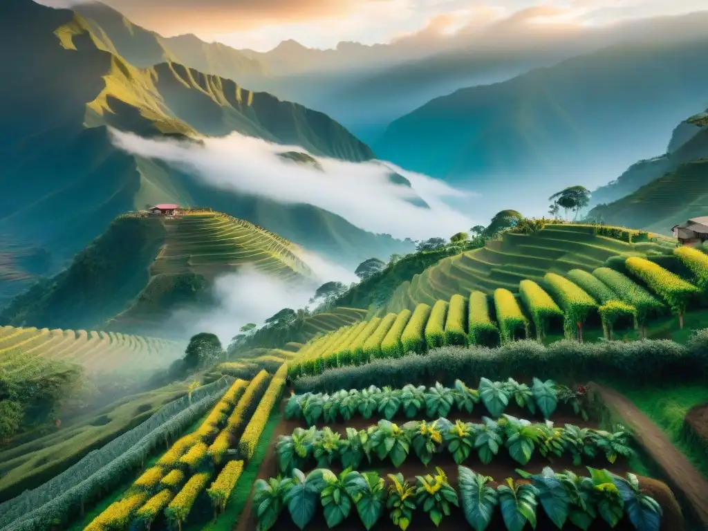 Una plantación de café peruano exuberante al amanecer con montañas neblinosas al fondo, donde los agricultores locales cosechan a mano