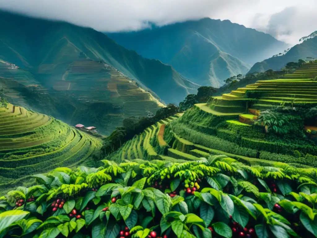 Plantaciones de café en los Andes de Perú, con recolección manual de los mejores granos de café peruano