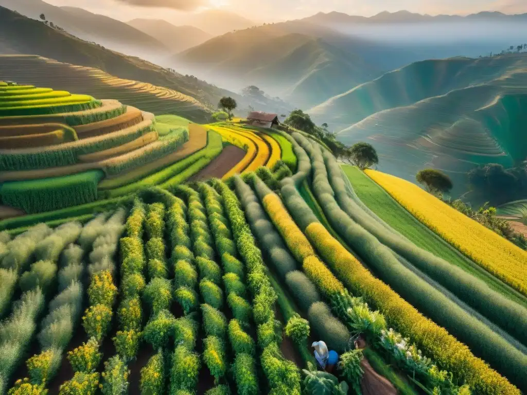 Plantaciones de quinua en Perú: campesinos cuidando los campos en un paisaje exuberante