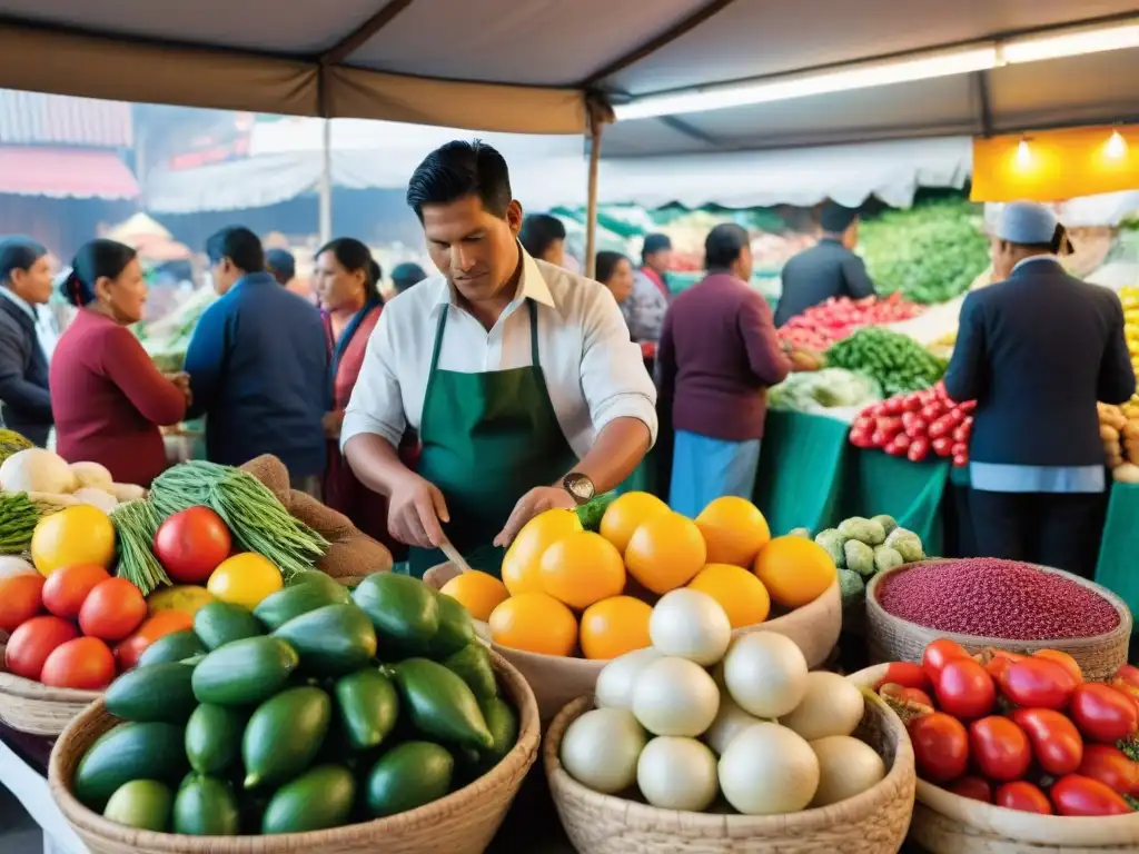 Plataformas digitales gastronomía peruana: Mercado peruano vibrante con puestos coloridos y productos frescos