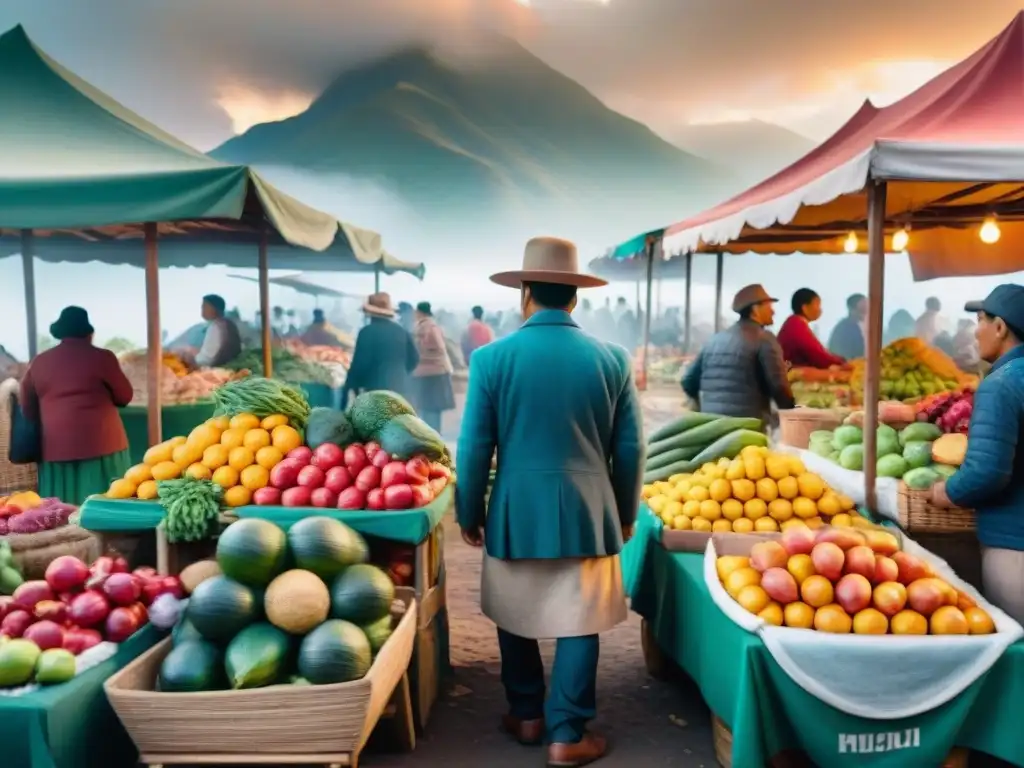 Plataformas digitales gastronomía peruana: Mercado peruano bullicioso con puestos coloridos y productos frescos