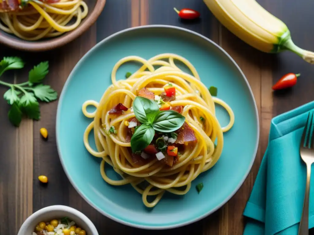 Plato de fusión italoperuana en gastronomía con carbonara y ceviche en mesa de madera