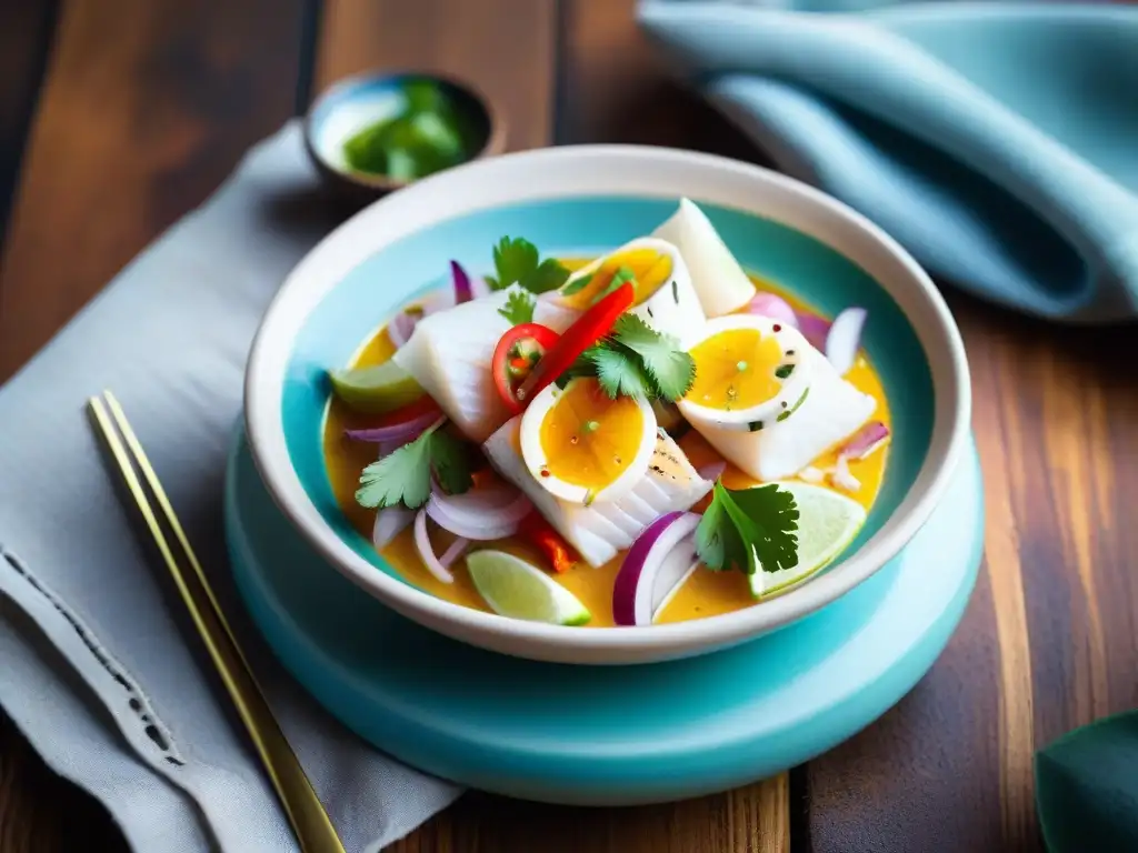 Plato de ceviche peruano auténtico con pescado fresco, cebolla, cilantro y ají en un tazón colorido