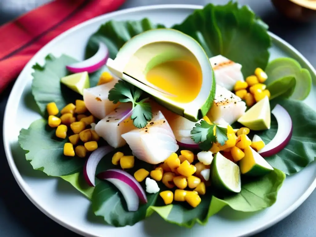 Plato de ceviche peruano con ingredientes frescos y coloridos resaltando los beneficios saludables del ceviche peruano