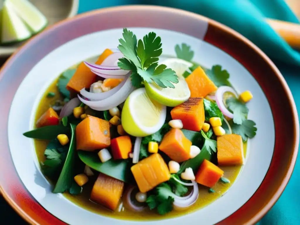 Plato de ceviche peruano con ingredientes autóctonos y vibrantes colores