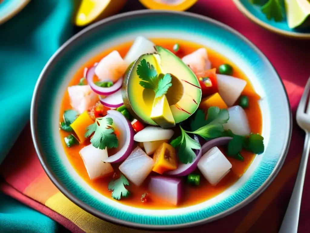 Plato de ceviche peruano con ingredientes autóctonos y colorida presentación