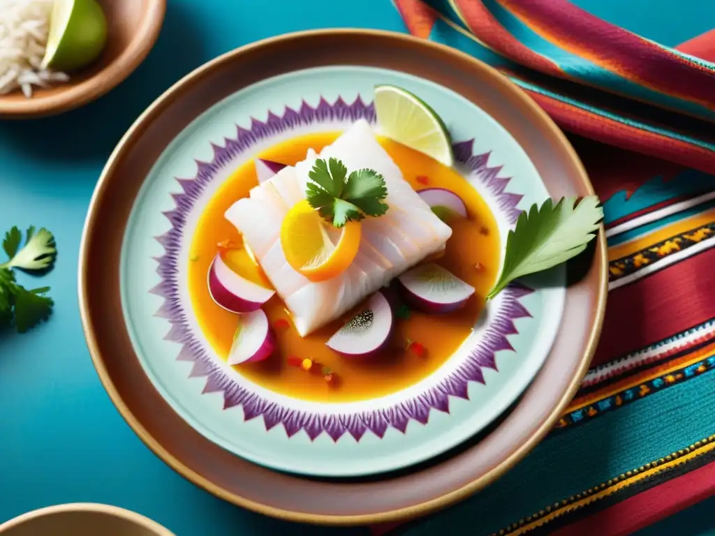 Plato de Ceviche peruano con ingredientes autóctonos y vibrantes colores sobre cerámica y textiles andinos