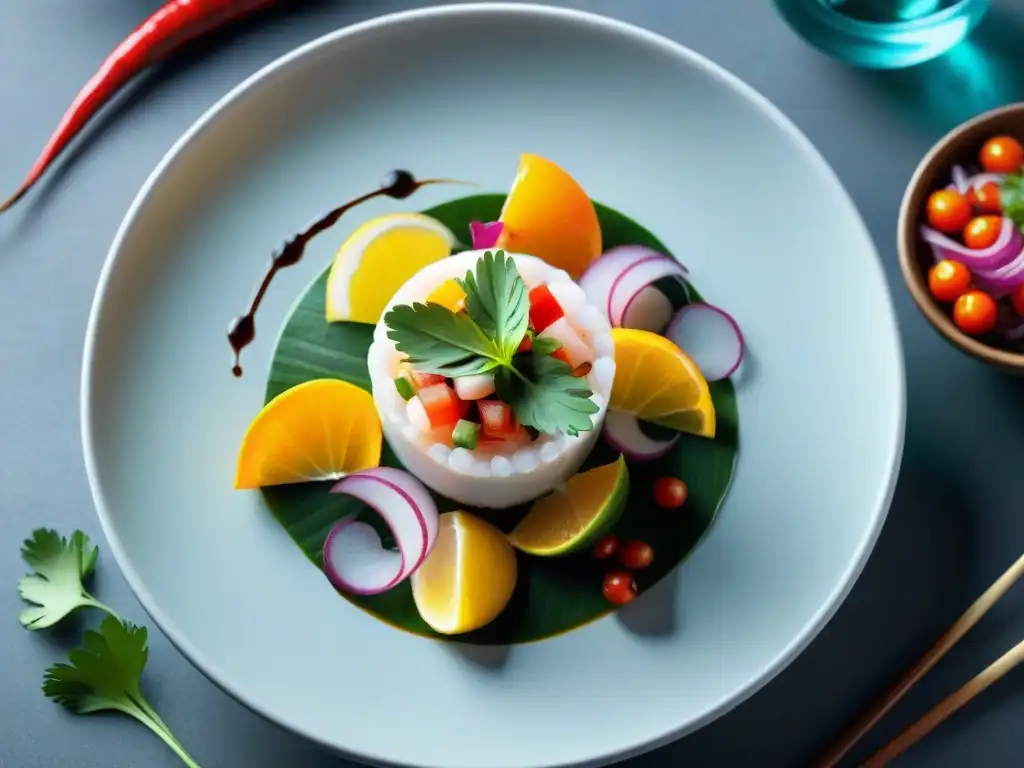 Un plato de ceviche peruano con presentación minimalista en un ambiente contemporáneo