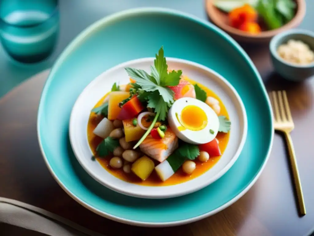 Plato de ceviche peruano en un restaurante sofisticado con elementos de realidad aumentada