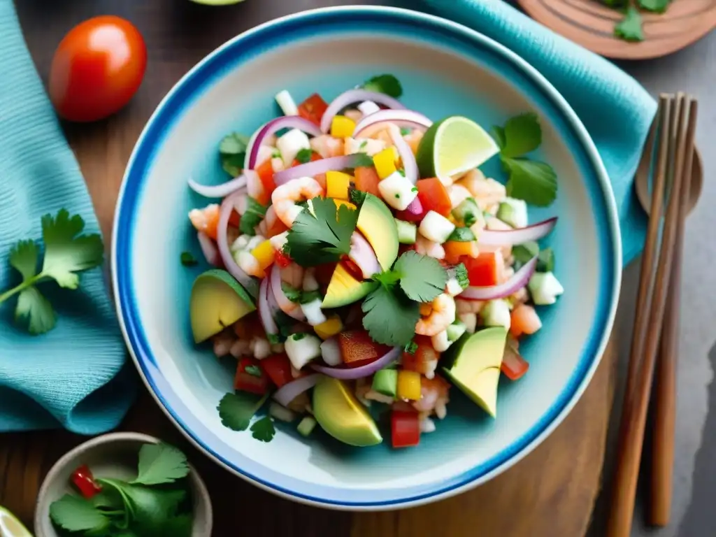 Plato de ceviche peruano con salsa criolla, aguacate y cilantro sobre cerámica artesanal, evocando la receta auténtica