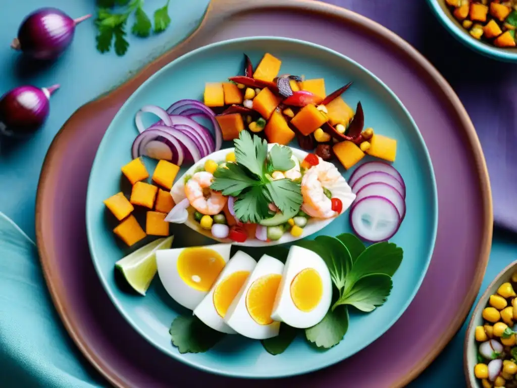 Plato de ceviche peruano tradicional y saludable, con pescado fresco, cebolla roja, ají y cilantro, acompañado de camote y choclo