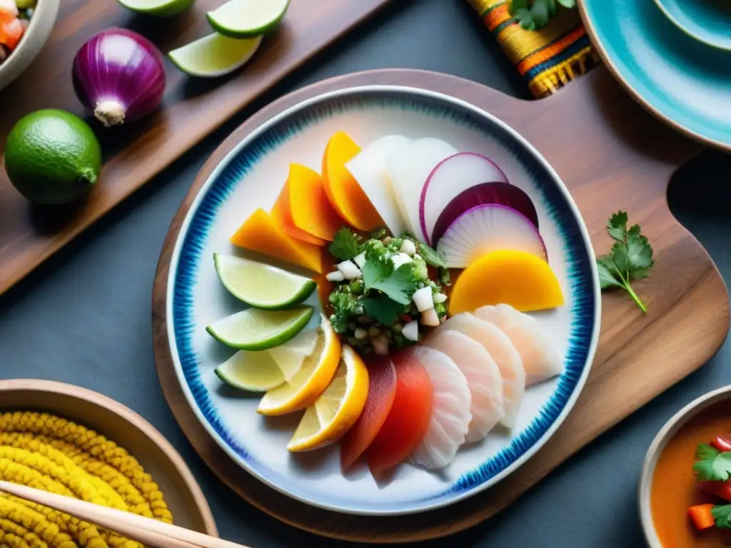 Un plato de ceviche peruano tradicional estéticamente impresionante en mesa rústica