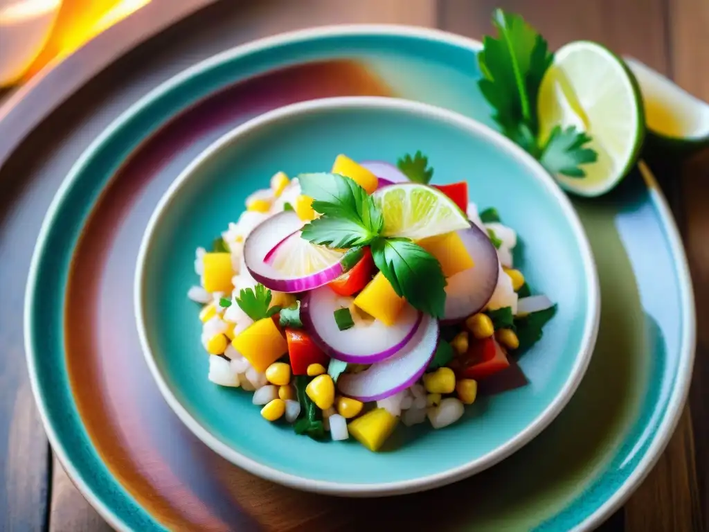 Un plato de ceviche peruano vibrante en un entorno tradicional con elementos iconográficos de la cocina peruana