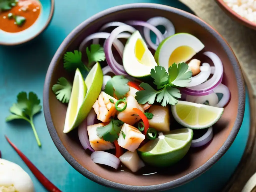 Plato de ceviche peruano vibrante en mercado local, fusionando tradiciones gastronómicas