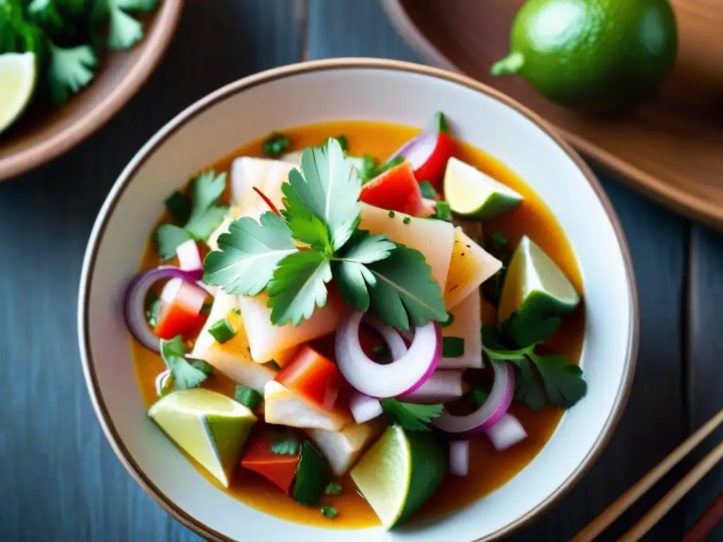 Plato de ceviche vibrante con ingredientes autóctonos, presentado de forma moderna