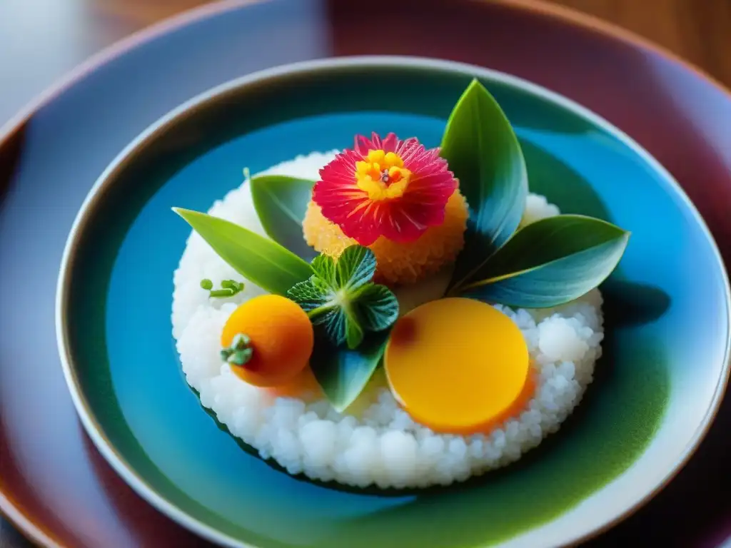 Plato de Cocina Nikkei fusion Peru Japon: un festín de colores y sabores en un plato cerámico elegante