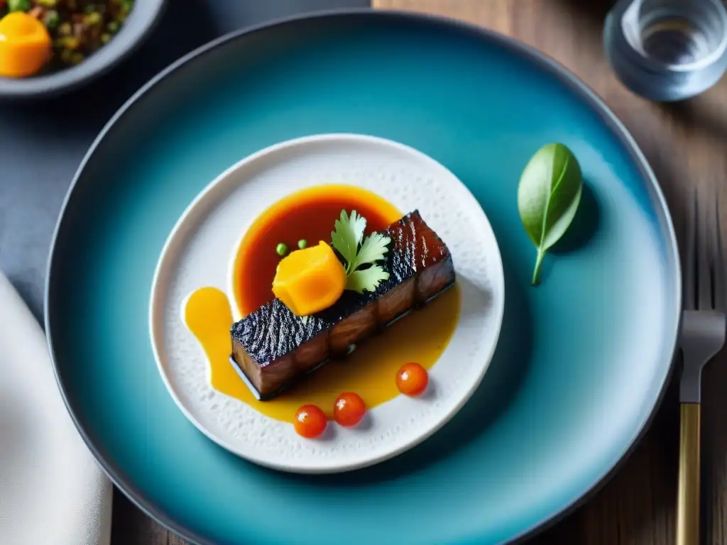 Un plato de fusión contemporánea con ají panca auténtico en un entorno moderno y rústico