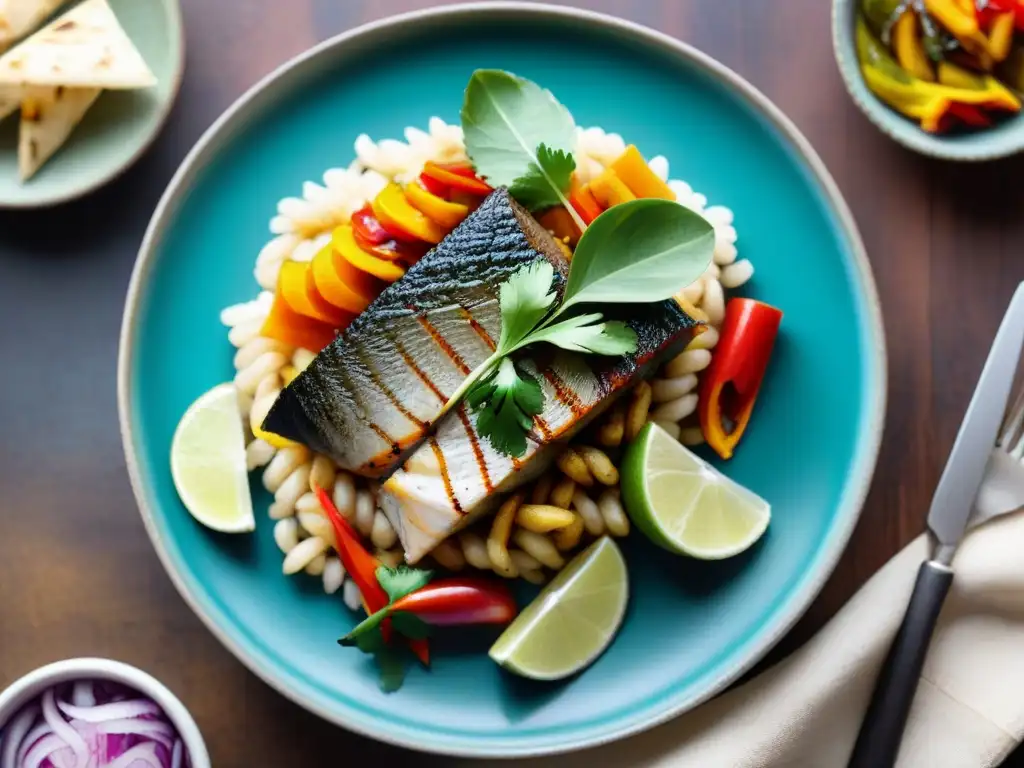 Un plato de escabeche peruano con ingredientes autóctonos, maridando colores vivos y capas intrincadas en una presentación artística