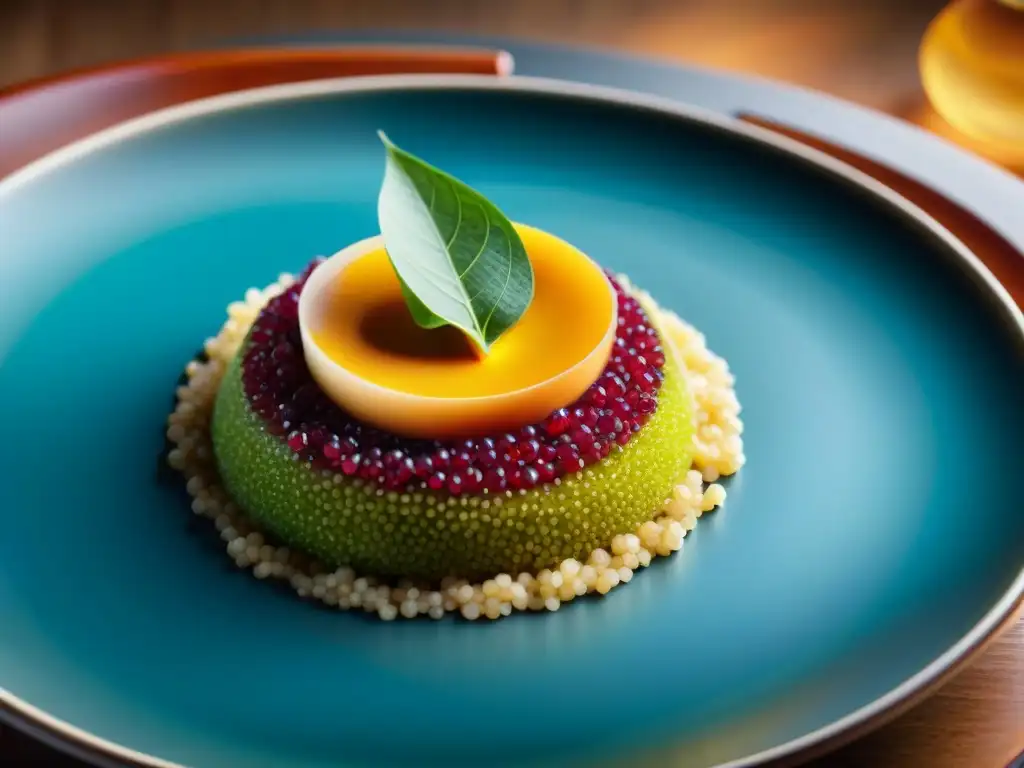 Un plato exquisito de quinua en un restaurante de lujo, fusionando el supergrano andino con elementos culinarios de alta gama