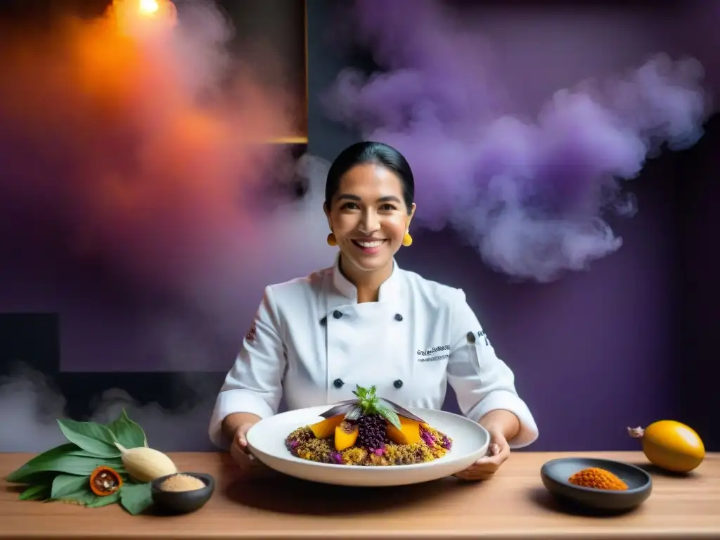 Chef Pía León en Kjolle, creando plato de fusión con ingredientes autóctonos