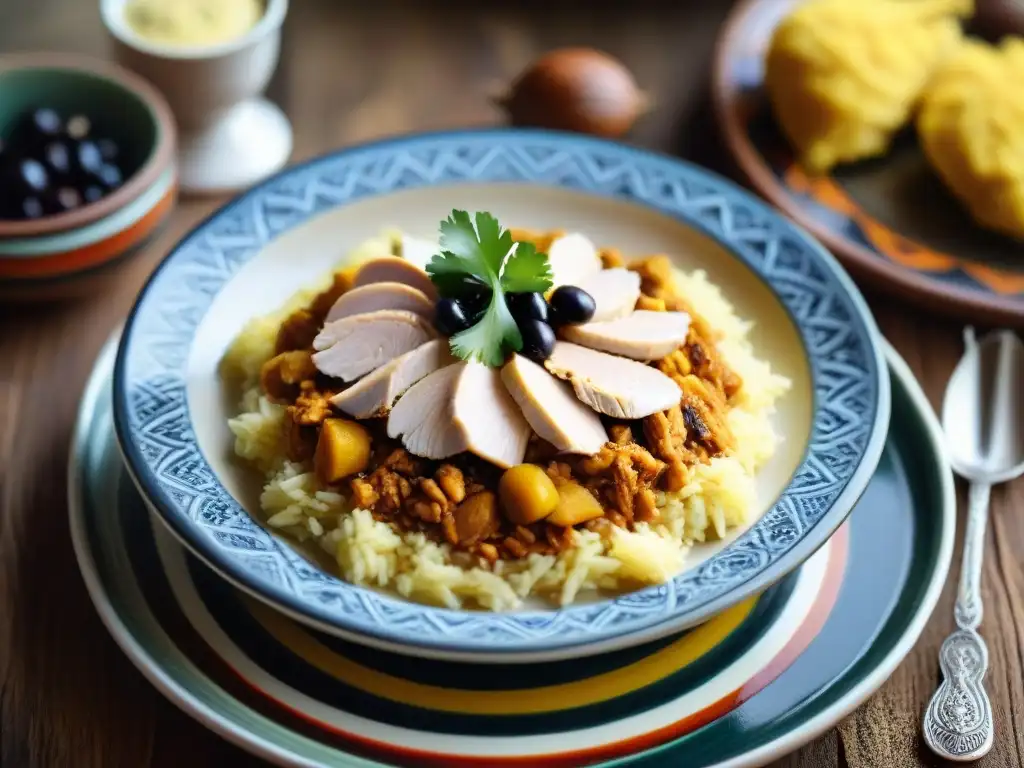 Plato de Ají de Gallina: cremosa salsa amarilla cubriendo pollo desmenuzado, decorado con nueces y aceituna