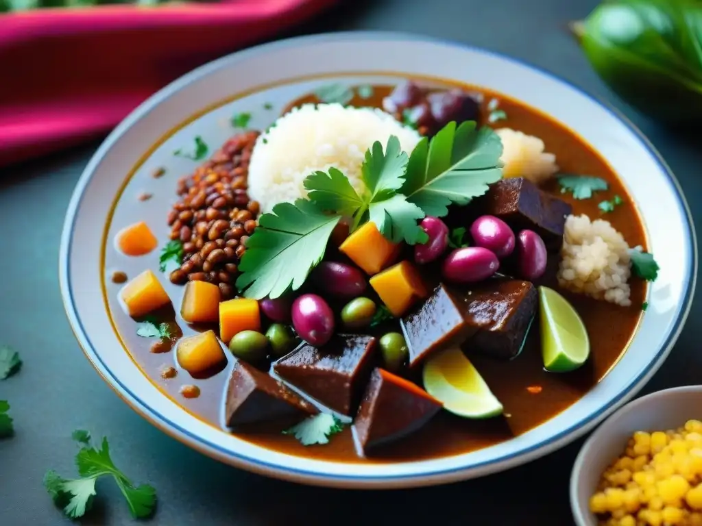 Un plato humeante de Frejoles con Seco peruano, resaltando sus colores vibrantes y sabores tradicionales