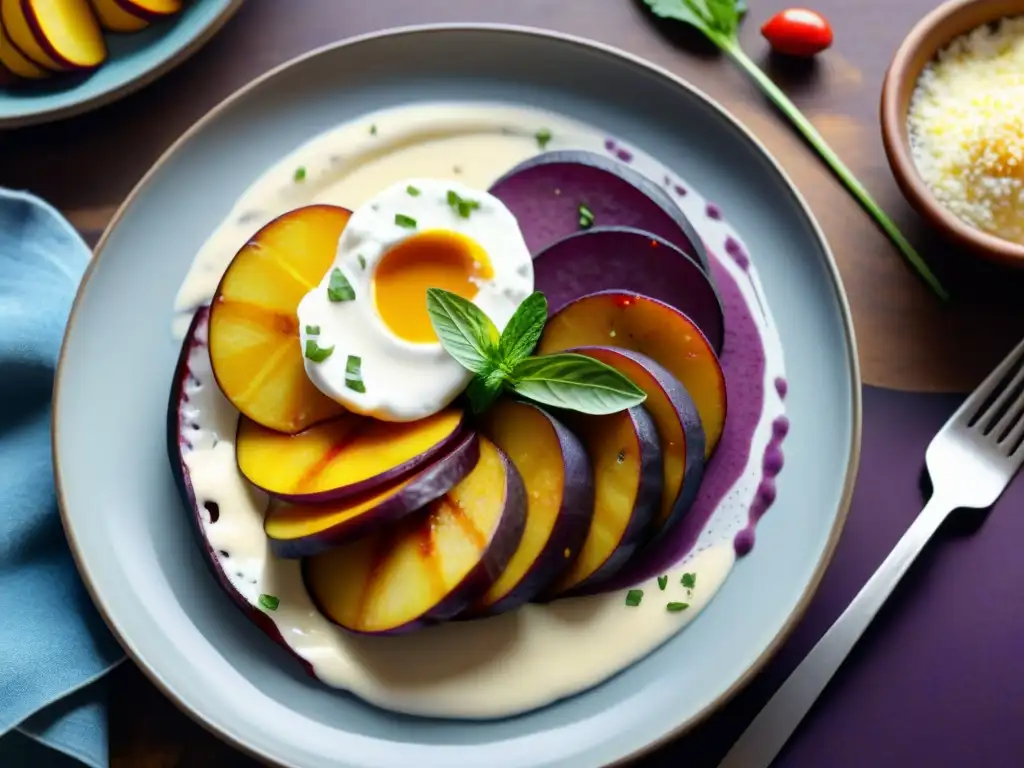 Plato de papas peruanas con salsa Huancaína, decorado con hojas de menta y ají amarillo en plato de cerámica artesanal